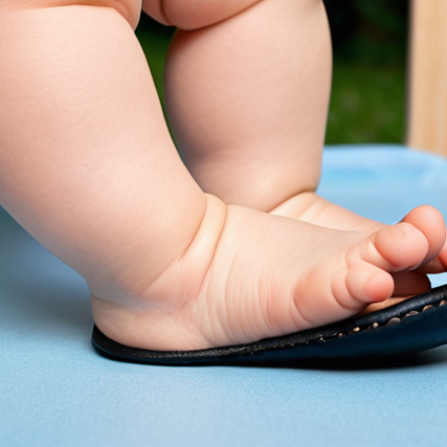 Home 4 **Image Prompt:** A close-up shot of a baby's foot wearing a flexible-soled shoe, bending easily at the ball of the foot. The shoe is made of breathable leather, and there's a thumb's width of space between the toe and the end of the shoe. Focus on demonstrating the shoe's flexibility and proper fit.