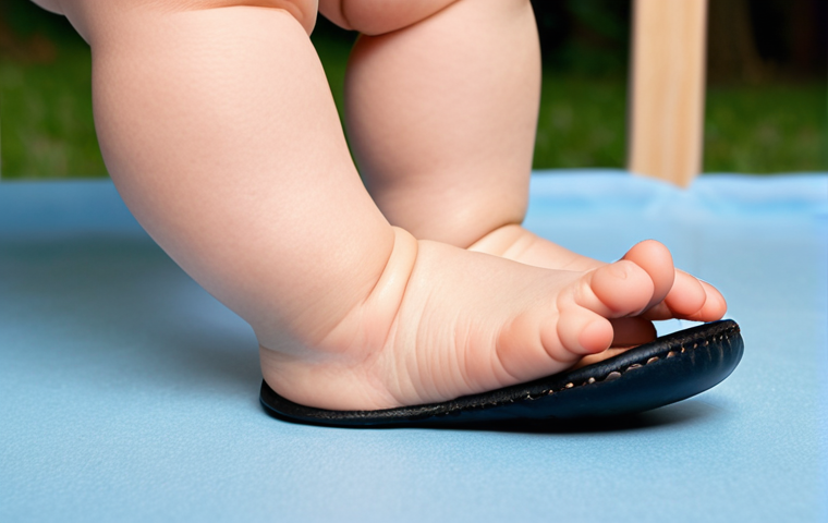 **Image Prompt:** A close-up shot of a baby's foot wearing a flexible-soled shoe, bending easily at the ball of the foot. The shoe is made of breathable leather, and there's a thumb's width of space between the toe and the end of the shoe. Focus on demonstrating the shoe's flexibility and proper fit.