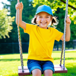 Playful Day at the Park**

"A young girl (age 6-8) in a bright yellow tee and denim shorts, fully clothed, playing on a swing set in a sunny park. She's wearing a baseball cap and has a big smile. The park has green grass, trees, and other children playing in the background. Focus on the joy and carefree spirit of childhood. safe for work, appropriate content, professional, perfect anatomy, correct proportions, well-formed hands, proper finger count, natural pose, modest clothing, family-friendly."

**