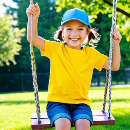 Home 11 Playful Day at the Park**
"A young girl (age 6-8) in a bright yellow tee and denim shorts, fully clothed, playing on a swing set in a sunny park. She's wearing a baseball cap and has a big smile. The park has green grass, trees, and other children playing in the background. Focus on the joy and carefree spirit of childhood. safe for work, appropriate content, professional, perfect anatomy, correct proportions, well-formed hands, proper finger count, natural pose, modest clothing, family-friendly."
**