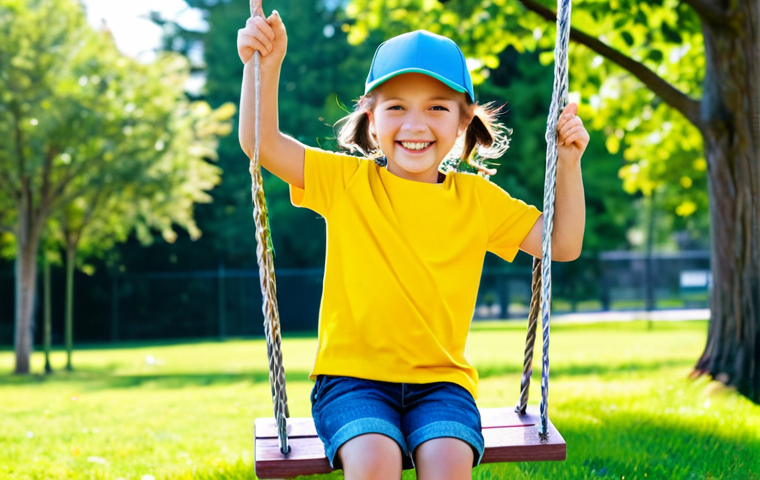 Playful Day at the Park**
"A young girl (age 6-8) in a bright yellow tee and denim shorts, fully clothed, playing on a swing set in a sunny park. She's wearing a baseball cap and has a big smile. The park has green grass, trees, and other children playing in the background. Focus on the joy and carefree spirit of childhood. safe for work, appropriate content, professional, perfect anatomy, correct proportions, well-formed hands, proper finger count, natural pose, modest clothing, family-friendly."
**