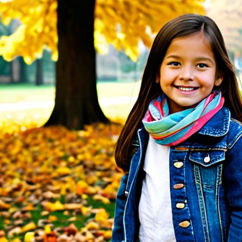 Home 4 아동용 스카프 매는 법 - Autumn Drape**
"A young girl, around 4 years old, fully clothed in a denim jacket and a bright, col...