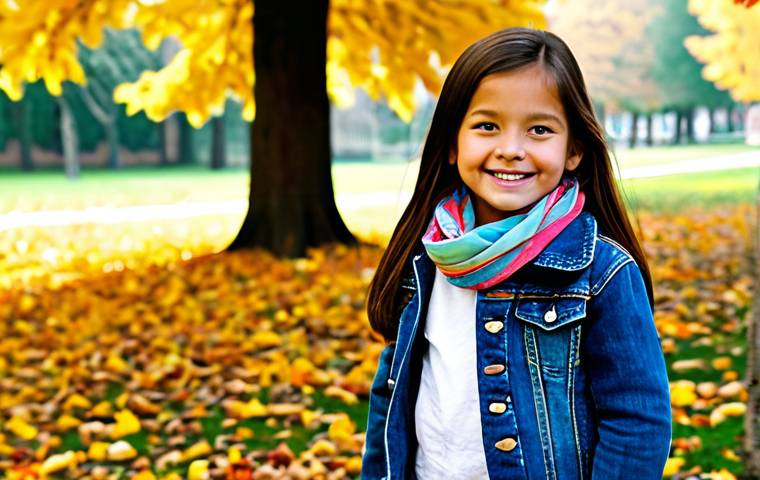 아동용 스카프 매는 법 - Autumn Drape**
"A young girl, around 4 years old, fully clothed in a denim jacket and a bright, col...