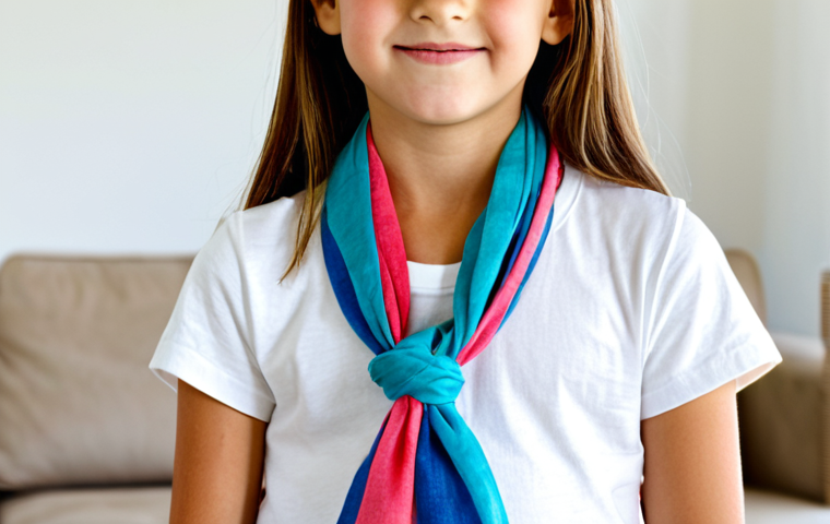 아동용 스카프 매는 법 - Autumn Drape**

"A young girl, around 4 years old, fully clothed in a denim jacket and a bright, col...