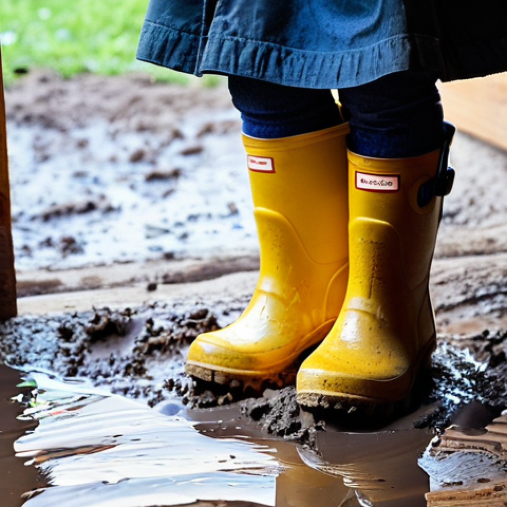 아동용 장화 관리법 - **Image Prompt: Post-Puddle Play Cleanup** A vibrant, medium shot capturing a pair of child-size...