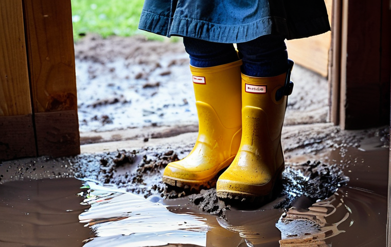 아동용 장화 관리법 - **Image Prompt: Post-Puddle Play Cleanup** A vibrant, medium shot capturing a pair of child-size...