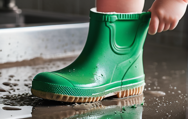 아동용 장화 관리법 - **Image Prompt: Post-Puddle Play Cleanup** A vibrant, medium shot capturing a pair of child-size...