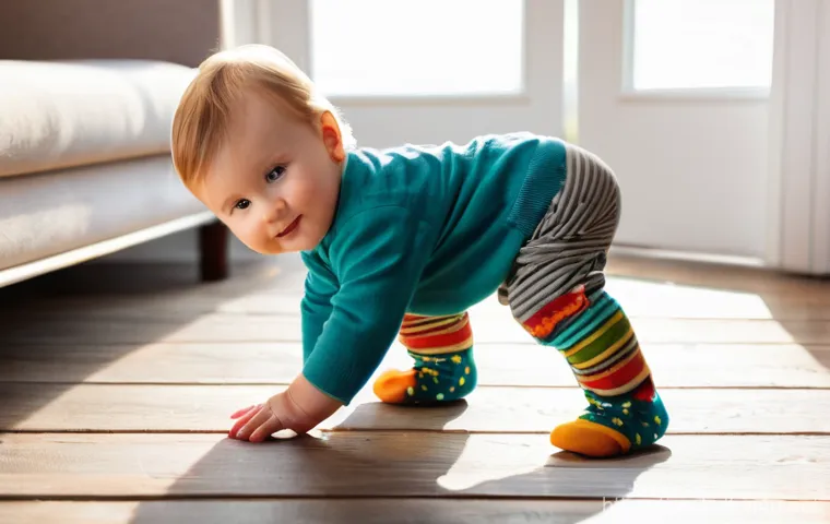 유아용 겨울 양말 추천 - **Prompt 1: Toddler Exploring in Merino Wool Socks** "A happy, energetic toddler (around 18-24 m...