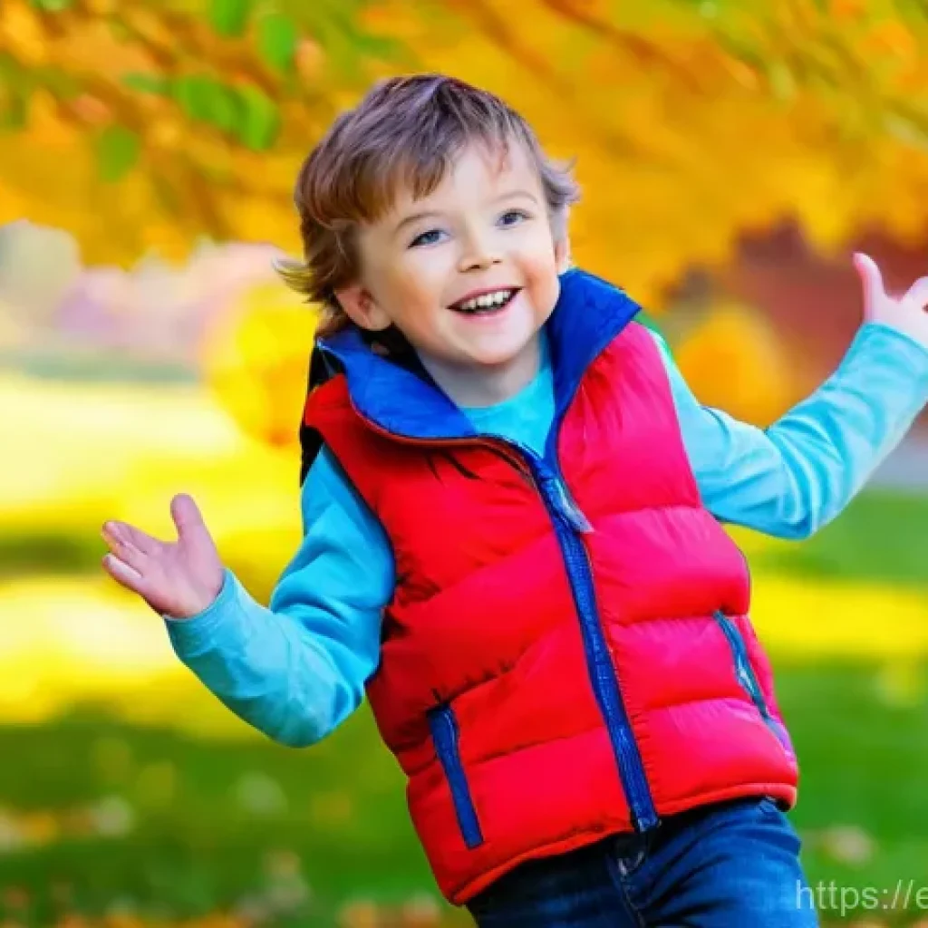 아동용 조끼 코디법 - **Image Prompt 1: Playful Puffer Vest Adventure** A happy, energetic 7-year-old boy, full of lif...
