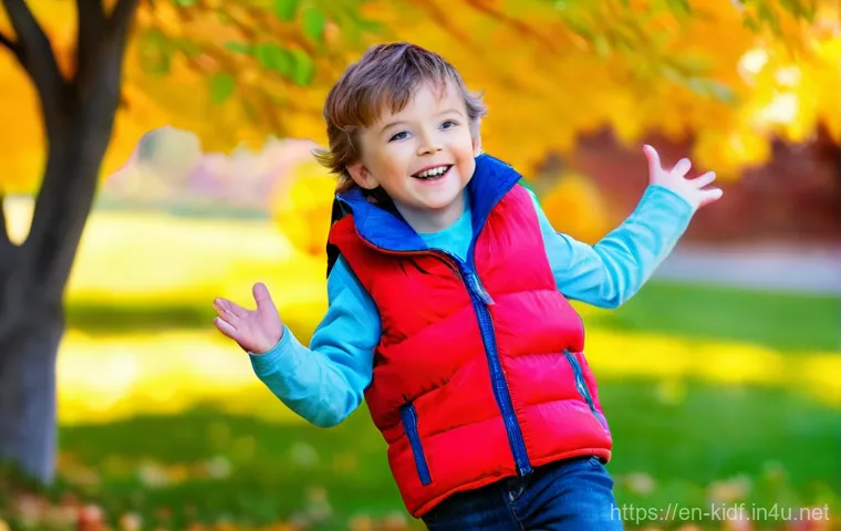 아동용 조끼 코디법 - **Image Prompt 1: Playful Puffer Vest Adventure** A happy, energetic 7-year-old boy, full of lif...
