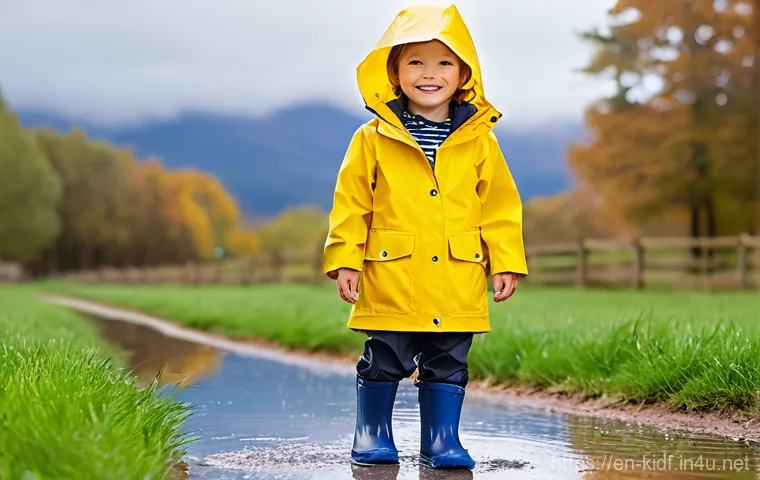 아동용 레인코트 리뷰 - **Prompt 1: The Comfortable Explorer** An adorable 4-year-old child, gender-neutral, with rosy c...