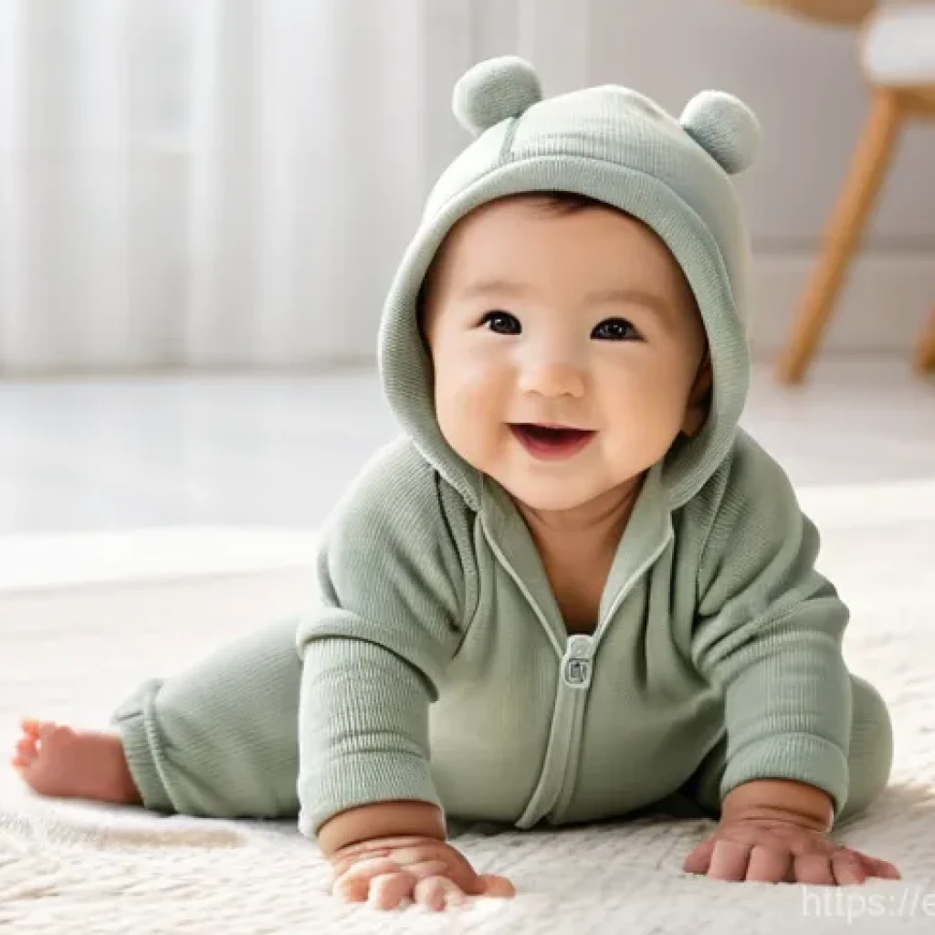 유아용 외출복 추천 - **Prompt:** "A happy baby, around 12-18 months old, giggling softly while sitting on a plush, soft r...