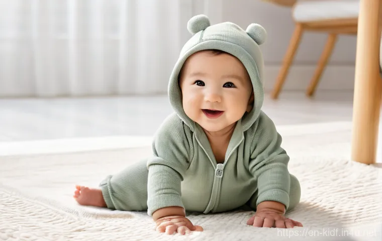 유아용 외출복 추천 - **Prompt:** "A happy baby, around 12-18 months old, giggling softly while sitting on a plush, soft r...