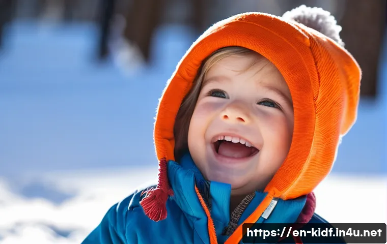 아이들의 겨울 방한용품 - A joyful child, approximately 7 years old, actively playing in a snow-covered park, dressed in funct...