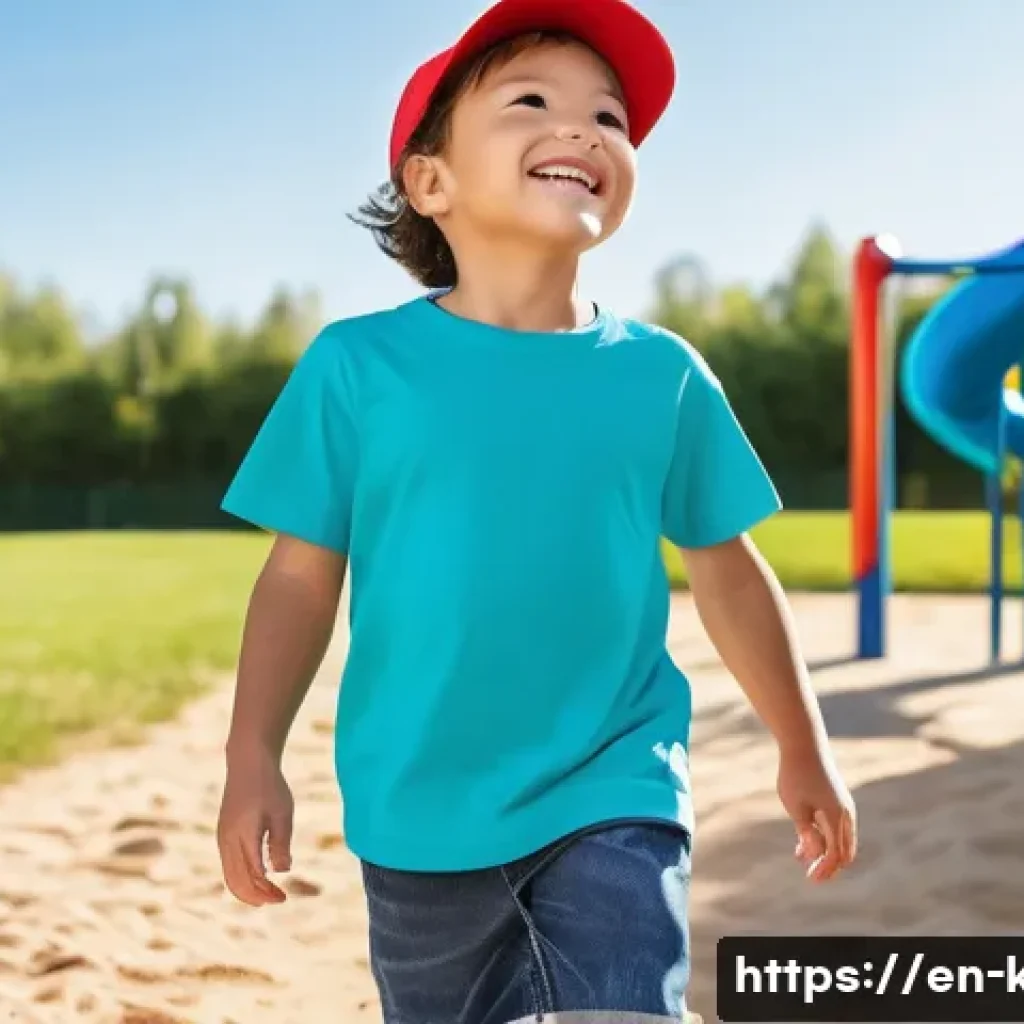 아동용 티셔츠 코디 - A lively outdoor playground scene featuring a cheerful young child wearing a soft, breathable 100% c...