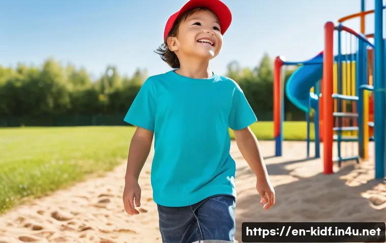 아동용 티셔츠 코디 - A lively outdoor playground scene featuring a cheerful young child wearing a soft, breathable 100% c...