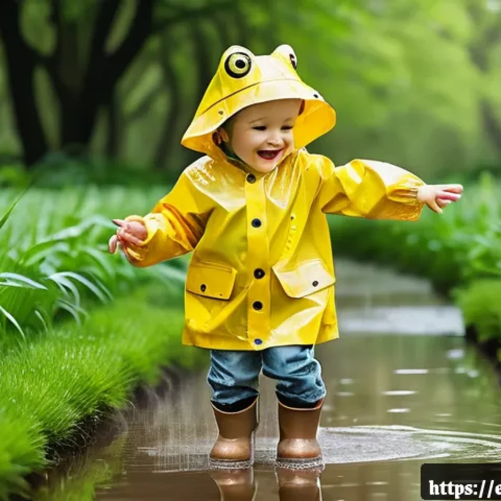 유아용 우비 스타일 - A cheerful toddler wearing a bright yellow waterproof raincoat made of polyurethane-coated nylon, fe...