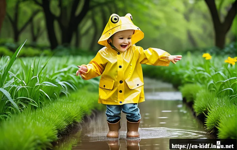 유아용 우비 스타일 - A cheerful toddler wearing a bright yellow waterproof raincoat made of polyurethane-coated nylon, fe...