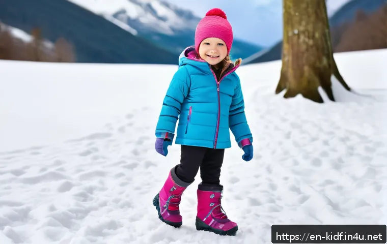 아이 방한복 스타일링 - A cheerful young child wearing a fitted merino wool base layer top and leggings under a bright, quil...