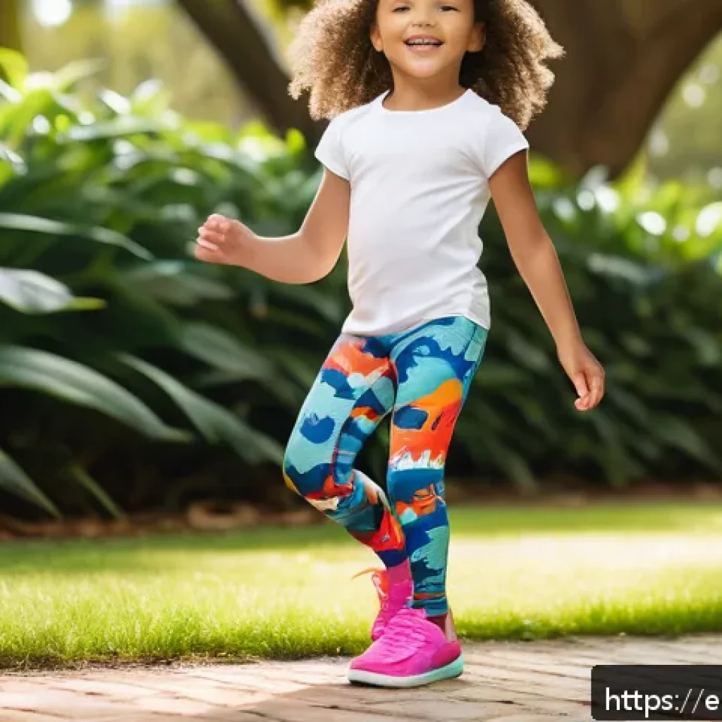 아동용 트렌디 레깅스 - A lively scene of a young child wearing colorful kids’ leggings made from breathable cotton blend fa...