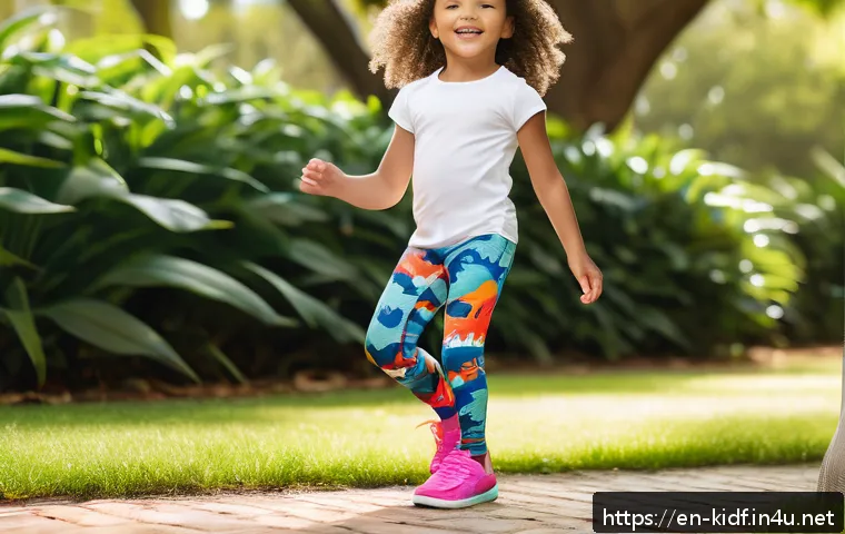 아동용 트렌디 레깅스 - A lively scene of a young child wearing colorful kids’ leggings made from breathable cotton blend fa...