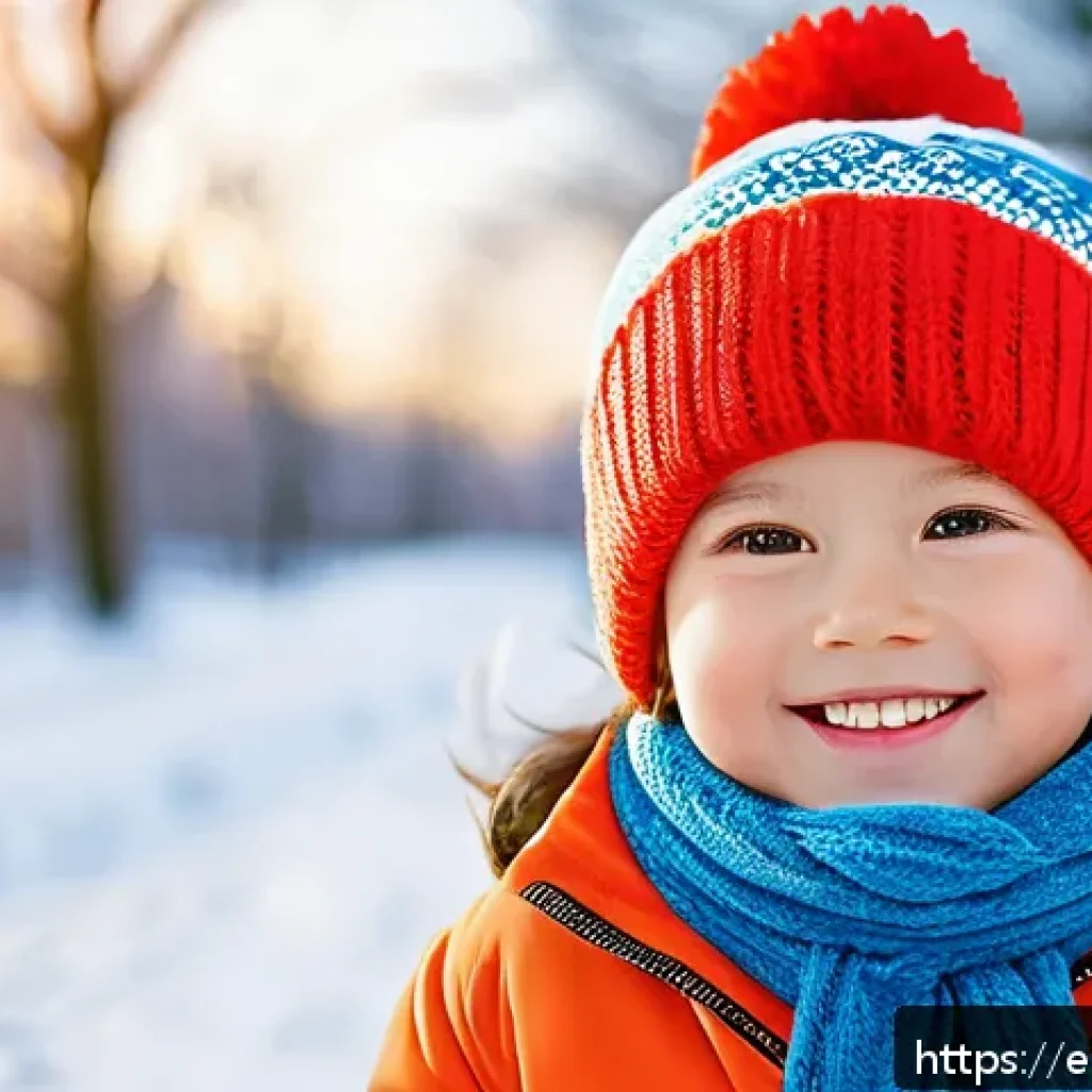 아동용 비니 스타일링 - A cheerful young child wearing a cozy fleece-lined beanie with ear flaps and ties, dressed in a brig...