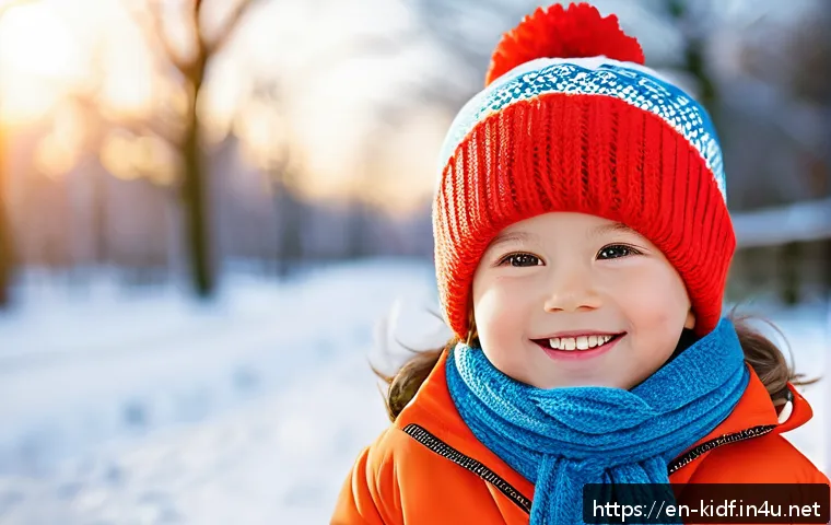 아동용 비니 스타일링 - A cheerful young child wearing a cozy fleece-lined beanie with ear flaps and ties, dressed in a brig...