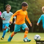 아이의 스포츠웨어 선택 팁 - A dynamic scene showing a group of children aged 7-10 actively playing soccer outdoors on a sunny af...