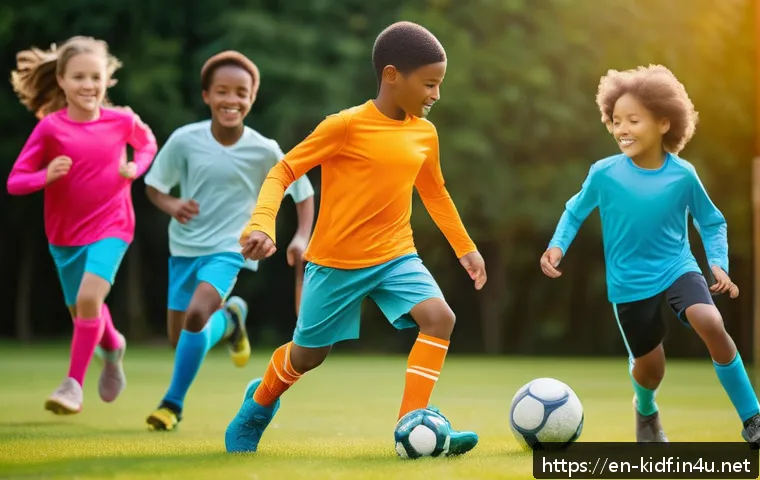 아이의 스포츠웨어 선택 팁 - A dynamic scene showing a group of children aged 7-10 actively playing soccer outdoors on a sunny af...