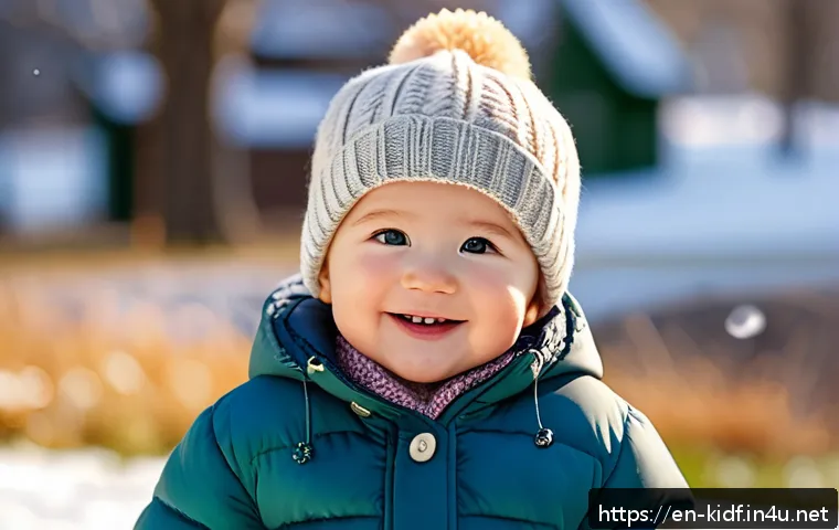 유아용 겨울 모자 추천 - A joyful toddler wearing a soft merino wool beanie with a playful pompom on top, dressed in a cozy w...