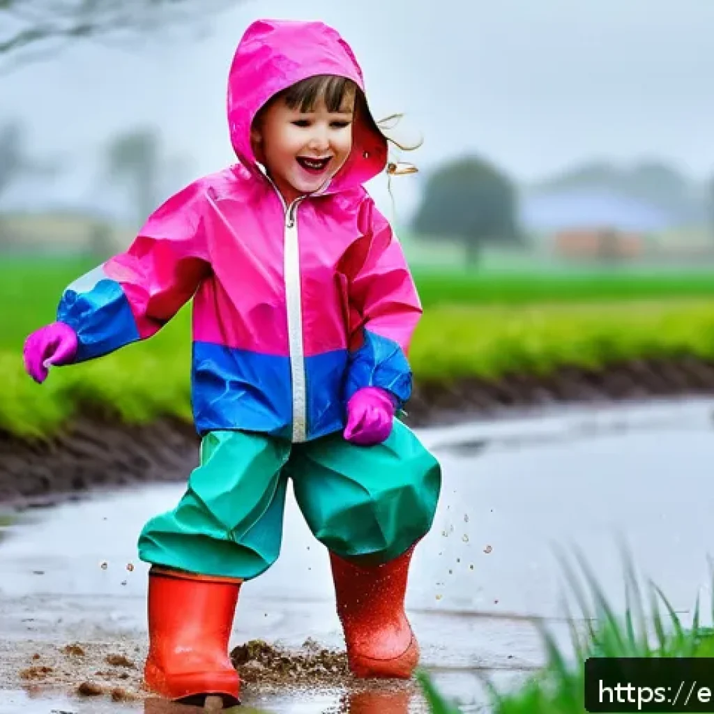 아이 방수바지 스타일링 - A joyful young child wearing brightly colored waterproof pants with adjustable waistbands and elasti...