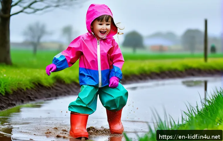 아이 방수바지 스타일링 - A joyful young child wearing brightly colored waterproof pants with adjustable waistbands and elasti...