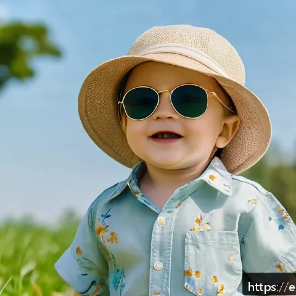 유아용 여름 셔츠 추천 - A cheerful toddler wearing a loose, lightweight cotton shirt with a soft pastel blue color and playf...