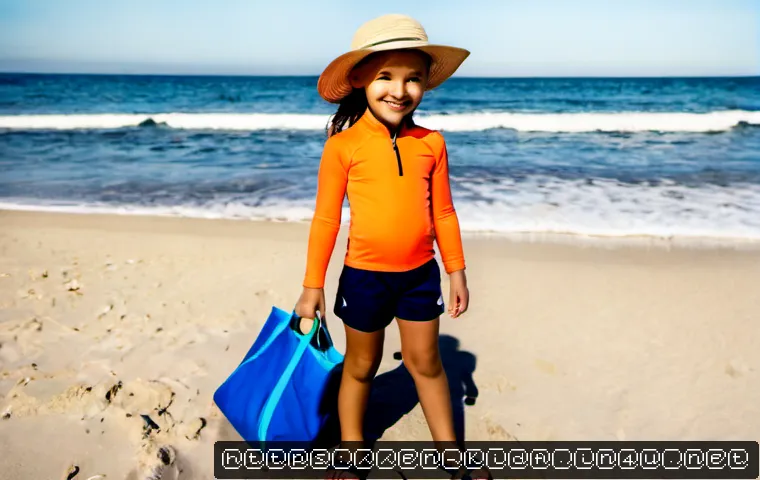 Home 17 아이 여름 휴가 패션 - Photorealistic lifestyle scene of a cheerful elementary-school-age child wearing a bright coral rash...